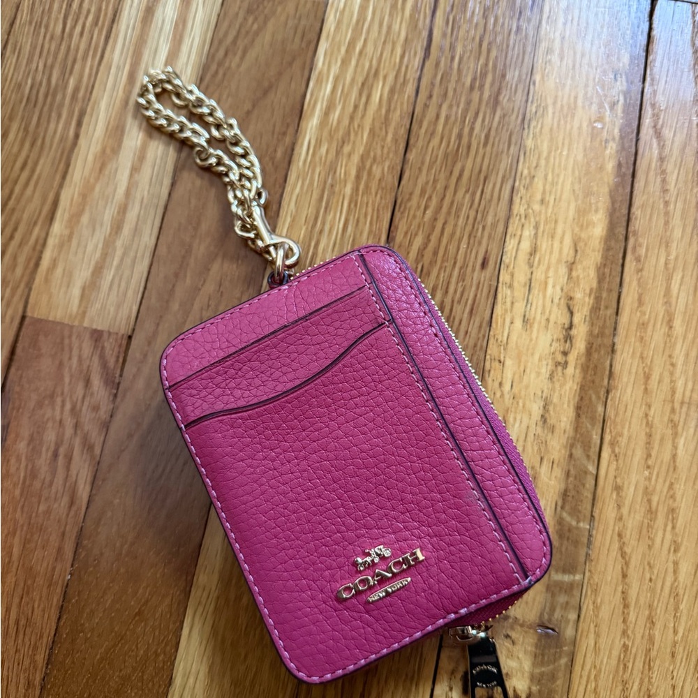 COACH Pink and Gold Leather Chain Zip Card Wallet